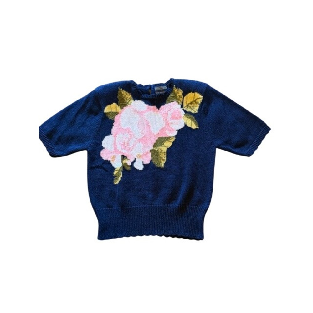 Herman Geist Navy Blue Hand Embroidered Floral Short Sleeve Sweater Vintage M